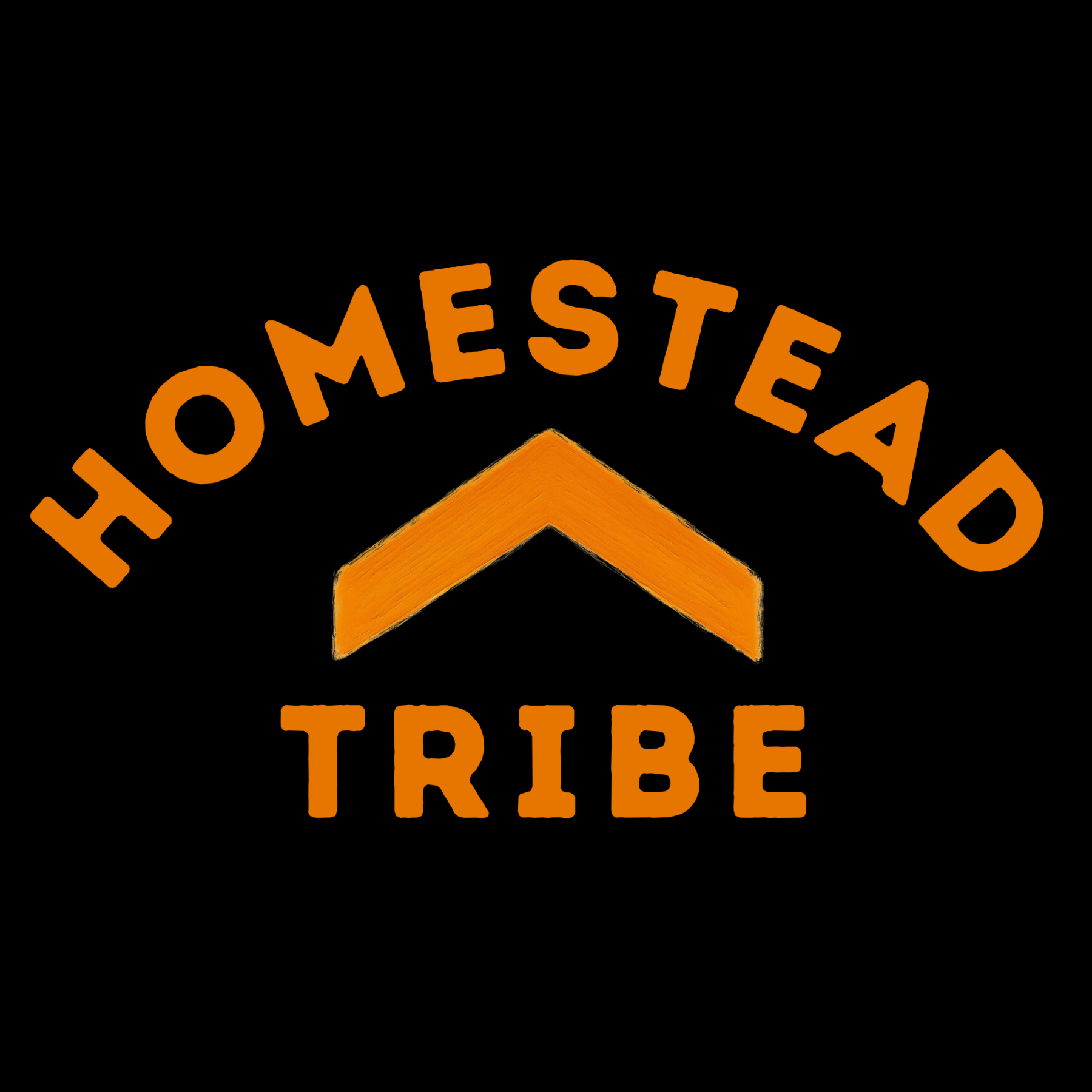 Orange 'HOMESTEAD TRIBE' logo text with a house-shaped emblem on a solid black background.